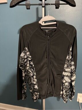 TSLA Black Long-Sleeve Zip Front Swim Coverup with Tropical Panels